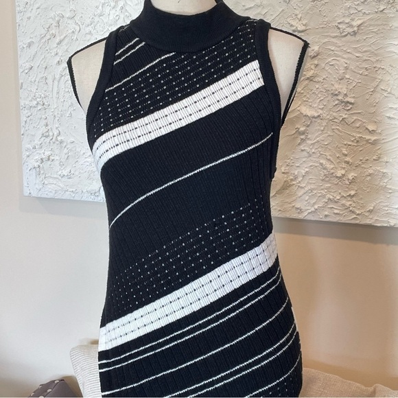 MOTH Midi Knit Dress Velda Asymmetric Stripe Mock Neck Black White Cutaway Wrap - Picture 5 of 9